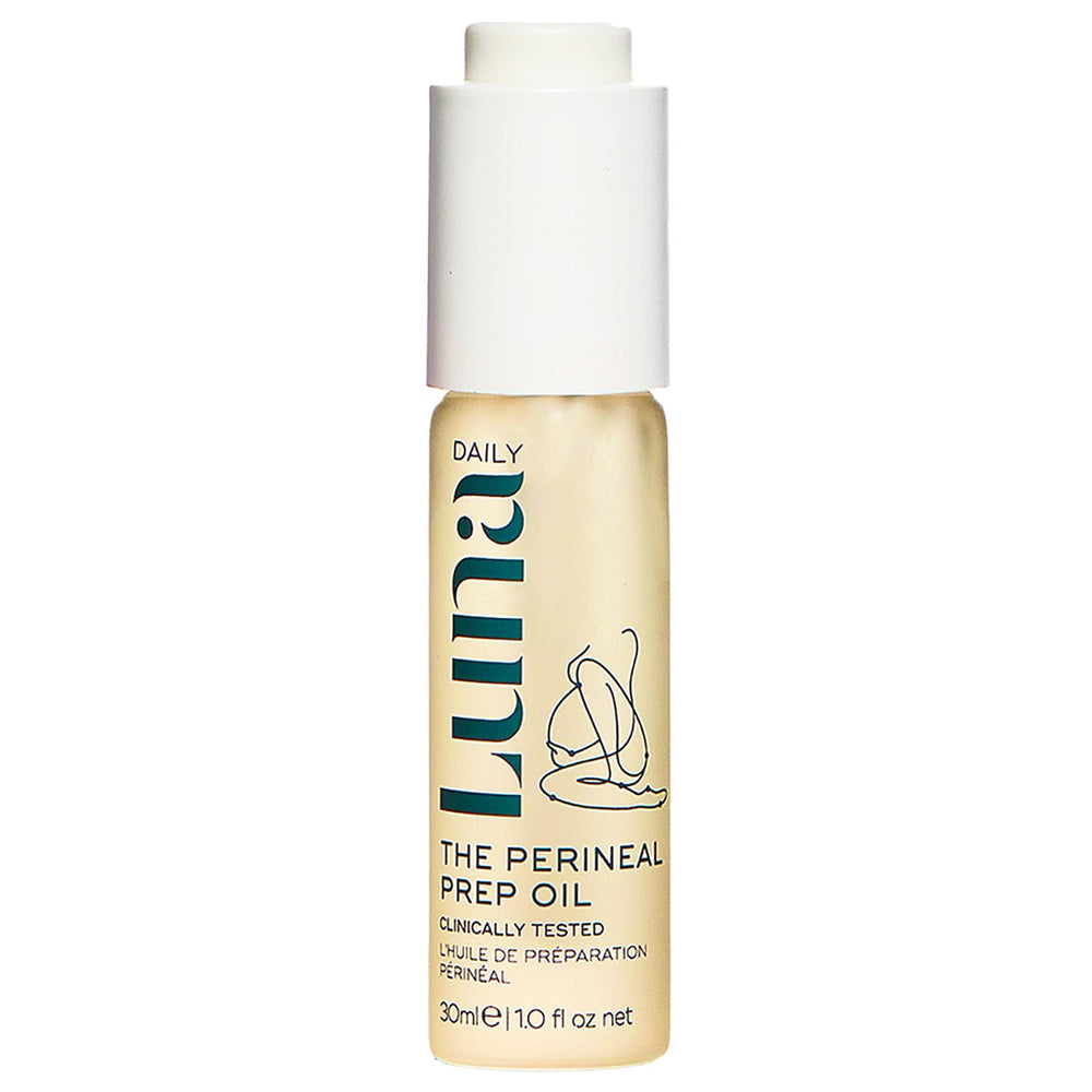 Bottle of Luna Birth Prep Massage Oil (30ml) on white background