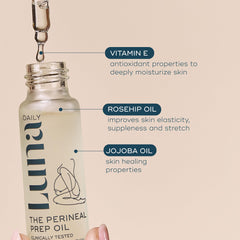 Hands applying Luna Birth Prep Massage Oil during prenatal care