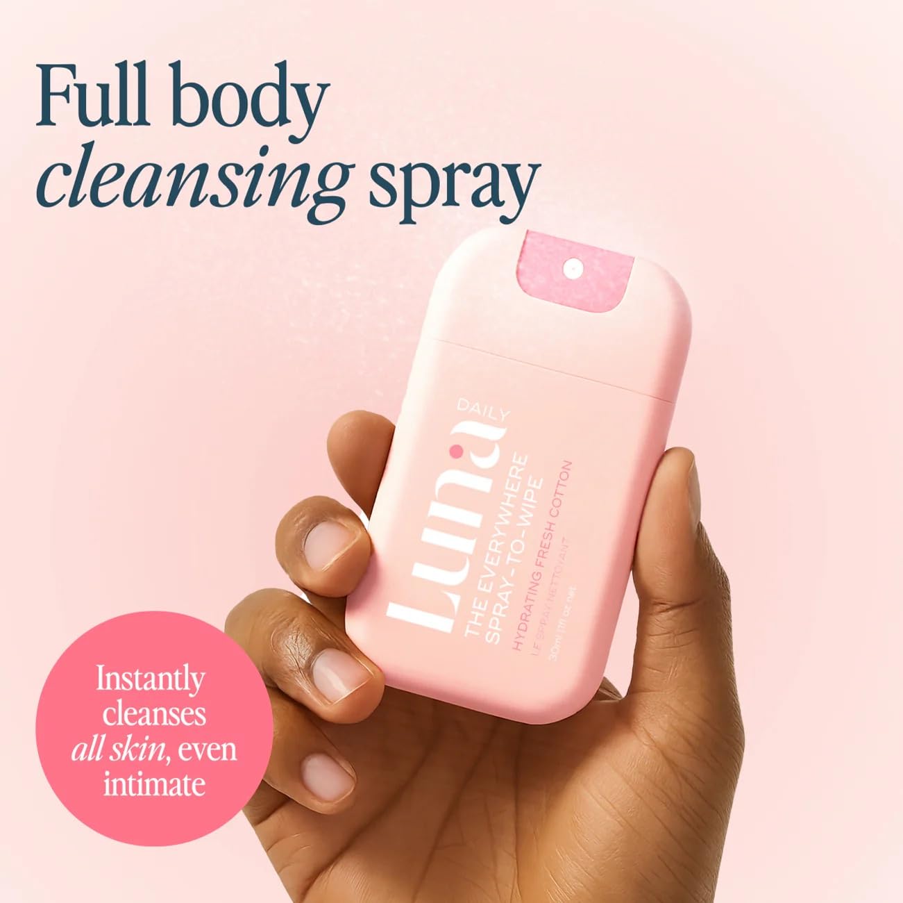 Close-up of Luna Daily Body Cleansing Spray bottle showing a gentle, refreshing mist.