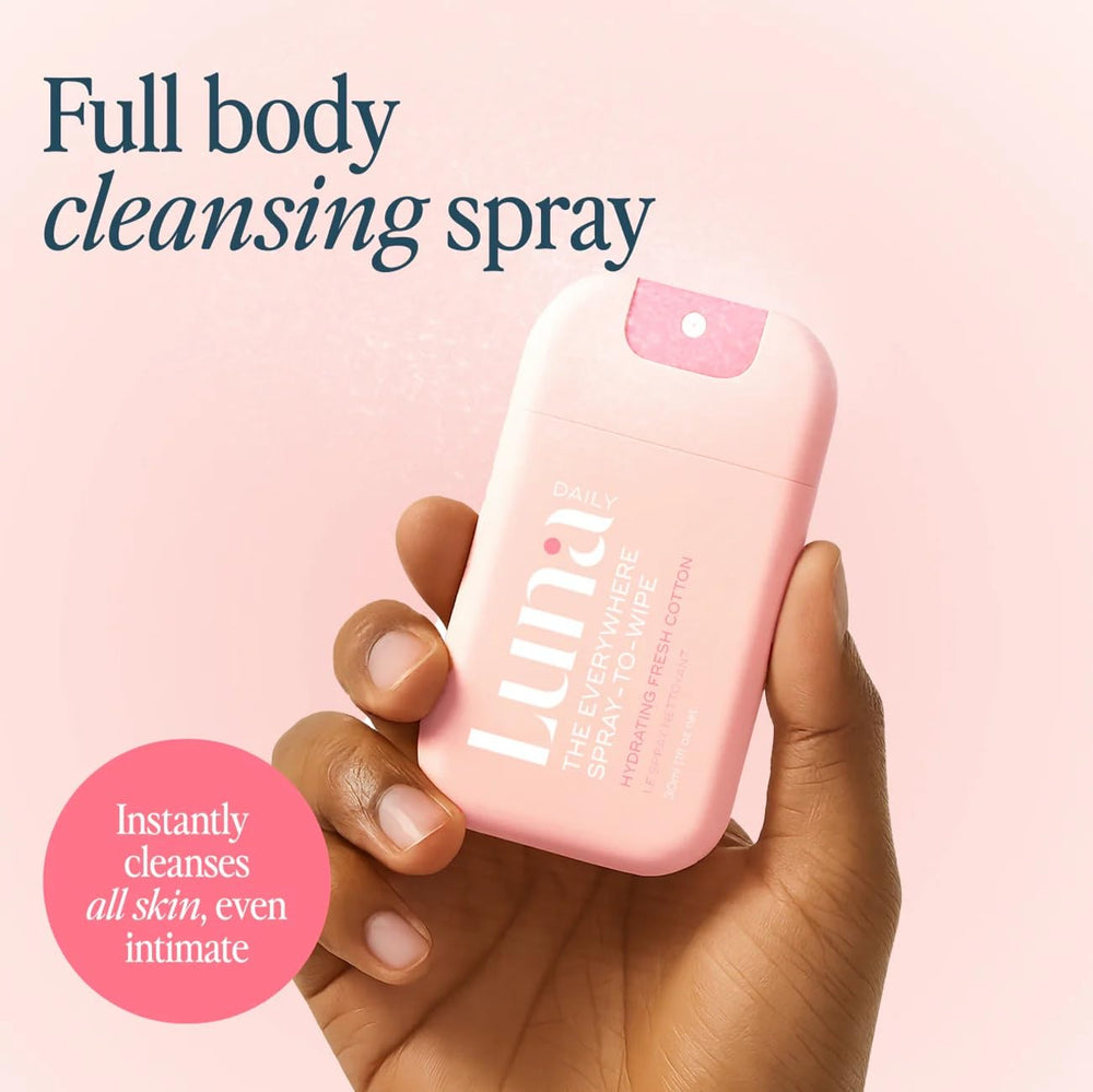 Close-up of Luna Daily Body Cleansing Spray bottle showing a gentle, refreshing mist.