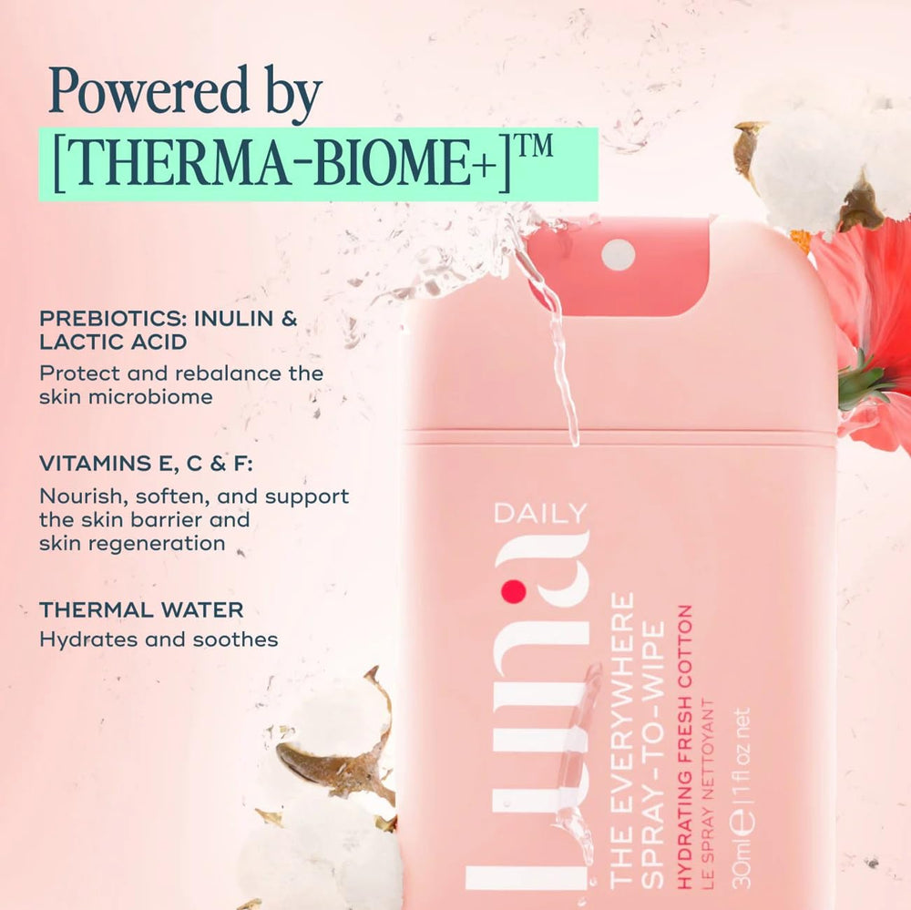 Luna Daily Body Cleansing Spray demonstrates instant eco-friendly wipe option.