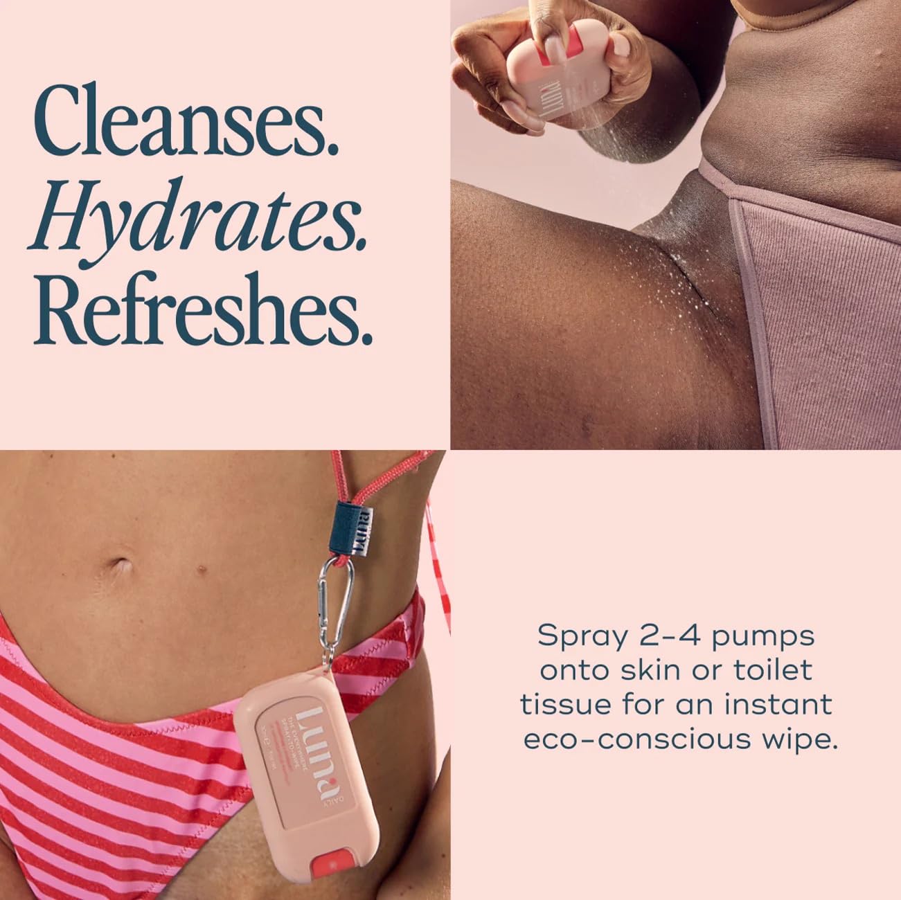 Luna Daily Body Cleansing Spray cotton-chamomile scent enhances relaxation.