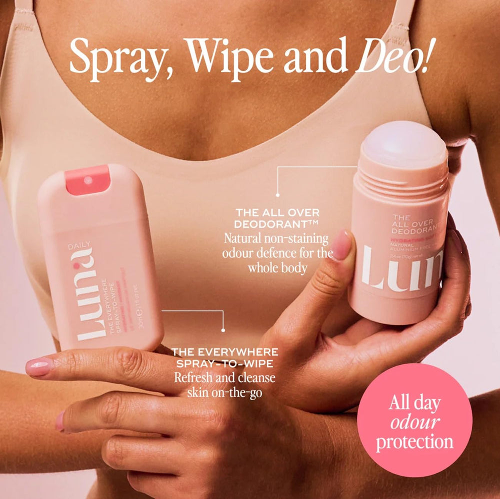 Luna Daily Body Cleansing Spray travel size 30ml fits gym bag.