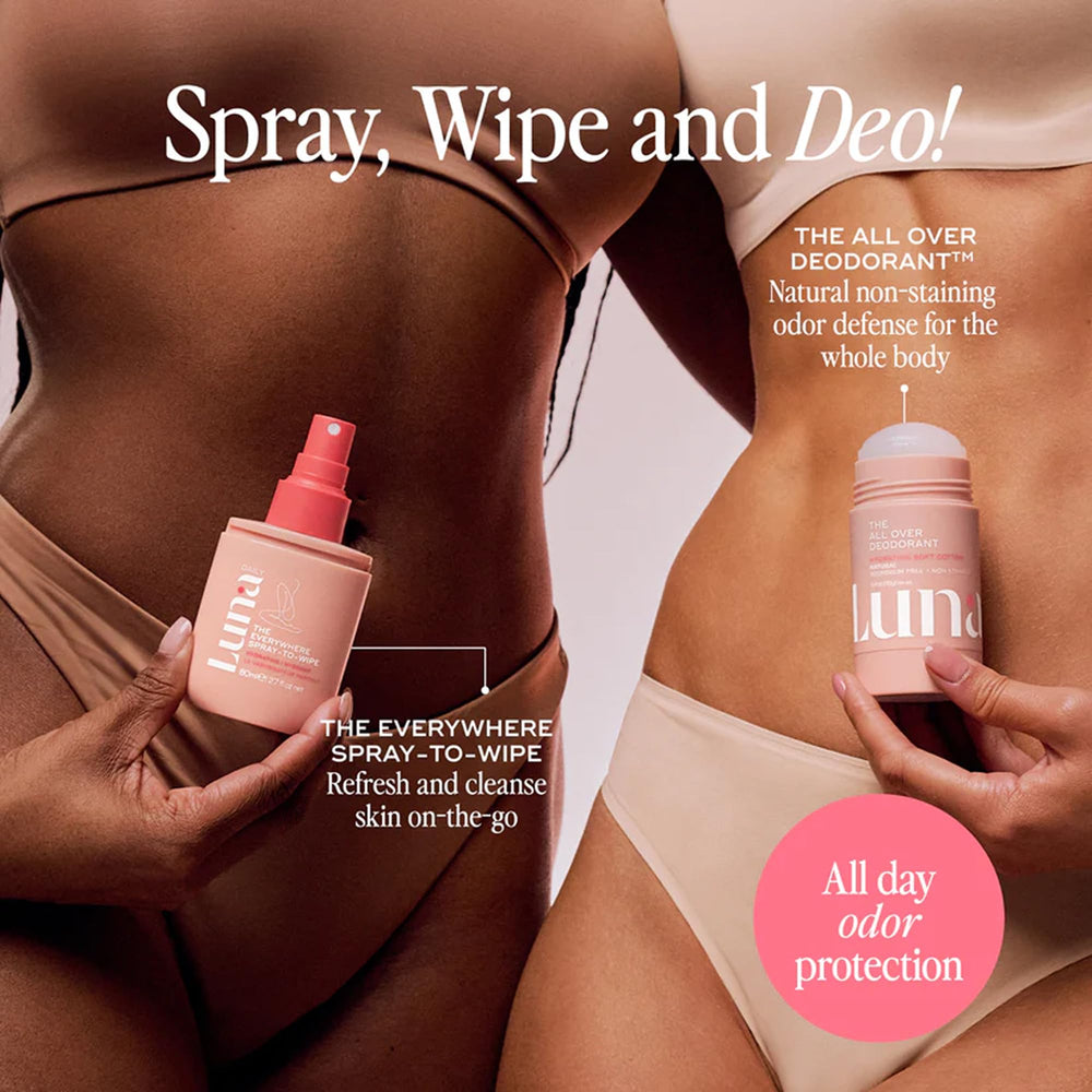 Luna Daily Everywhere Spray-To-Wipe label close-up on packaging