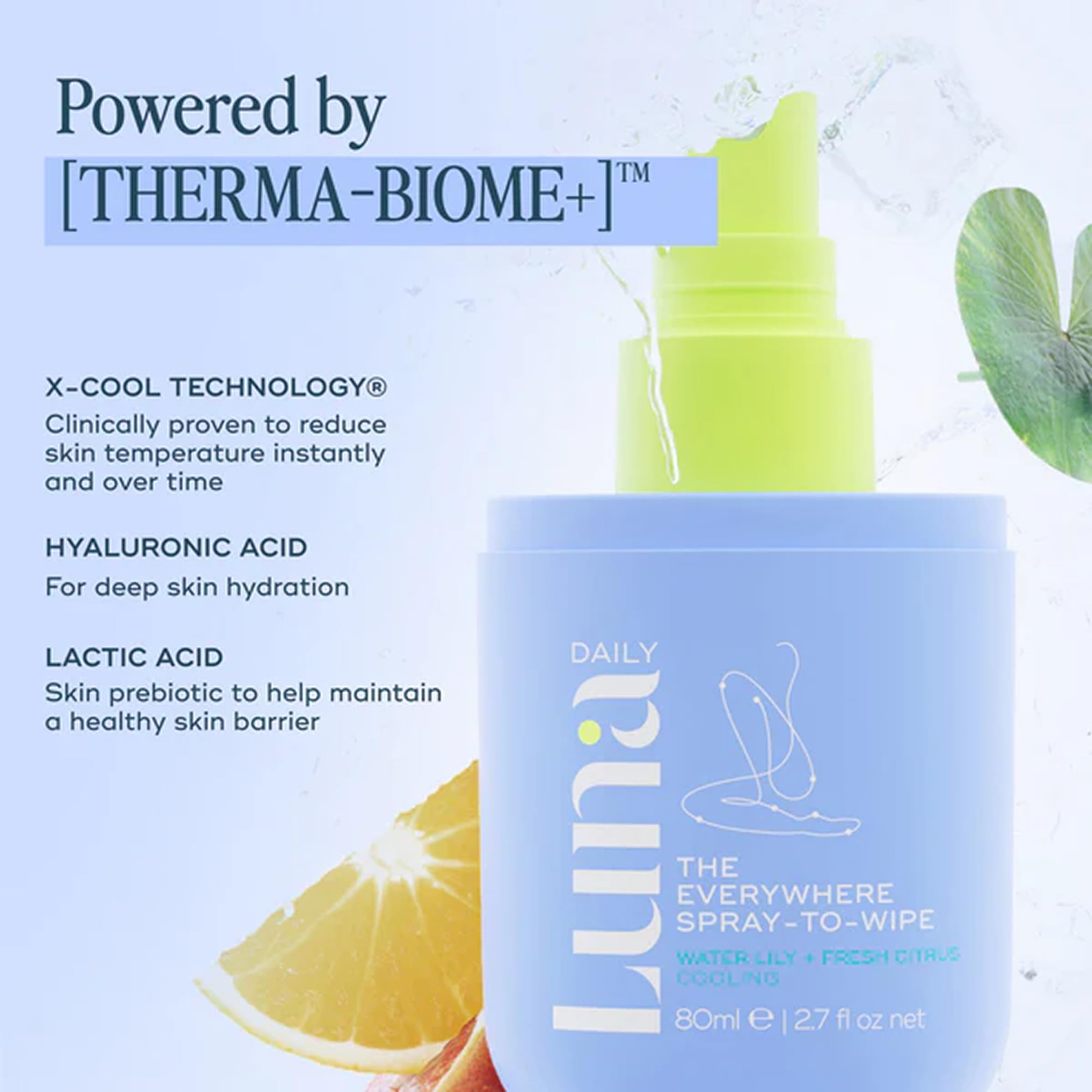 Luna Daily Everywhere Spray-To-Wipe vegan, soap-free formula for sensitive skin care.