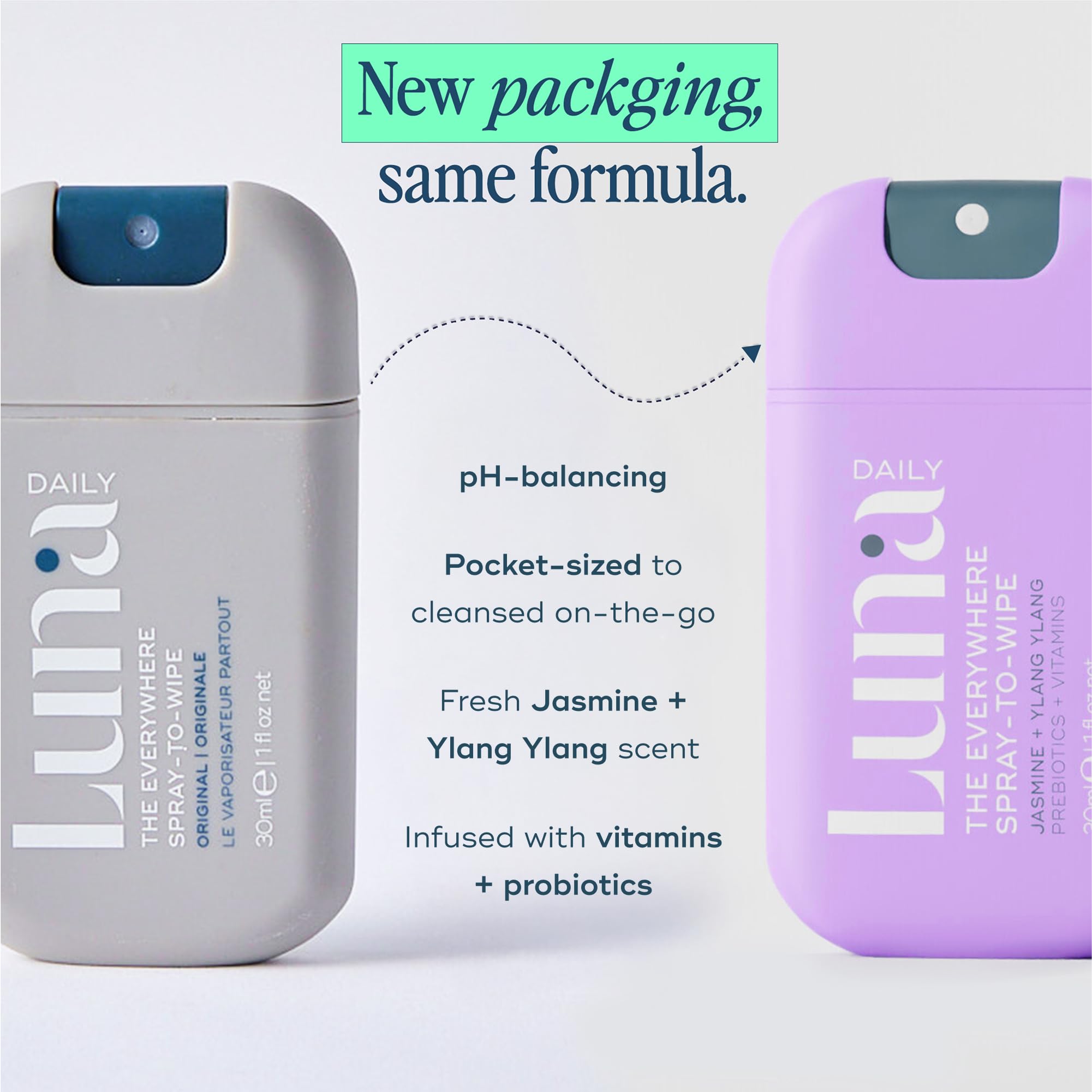 Luna Daily Mini Body Cleansing Spray bottle closeup shows portable cleansing on the go