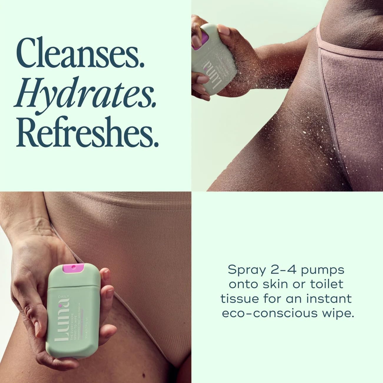 Luna Daily After-Workout Use Spray to Wipe cools and soothes skin.