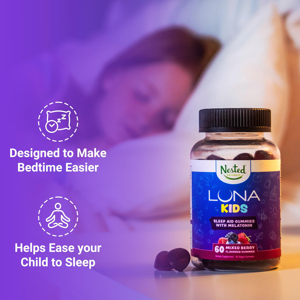 Kid-friendly Luna Kids Sleep Gummies bottle on a white background
