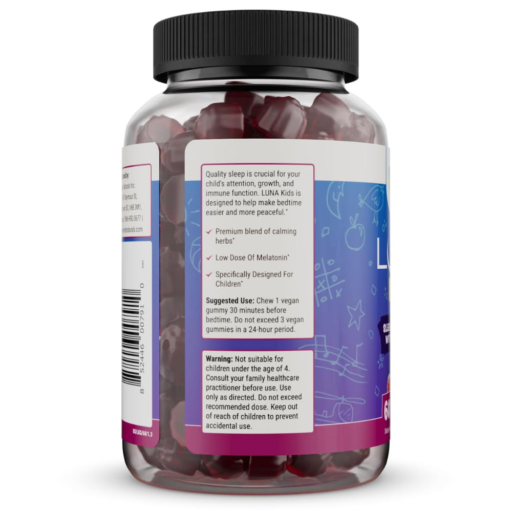 Back view of Luna Kids Sleep Gummies bottle and nutrition facts
