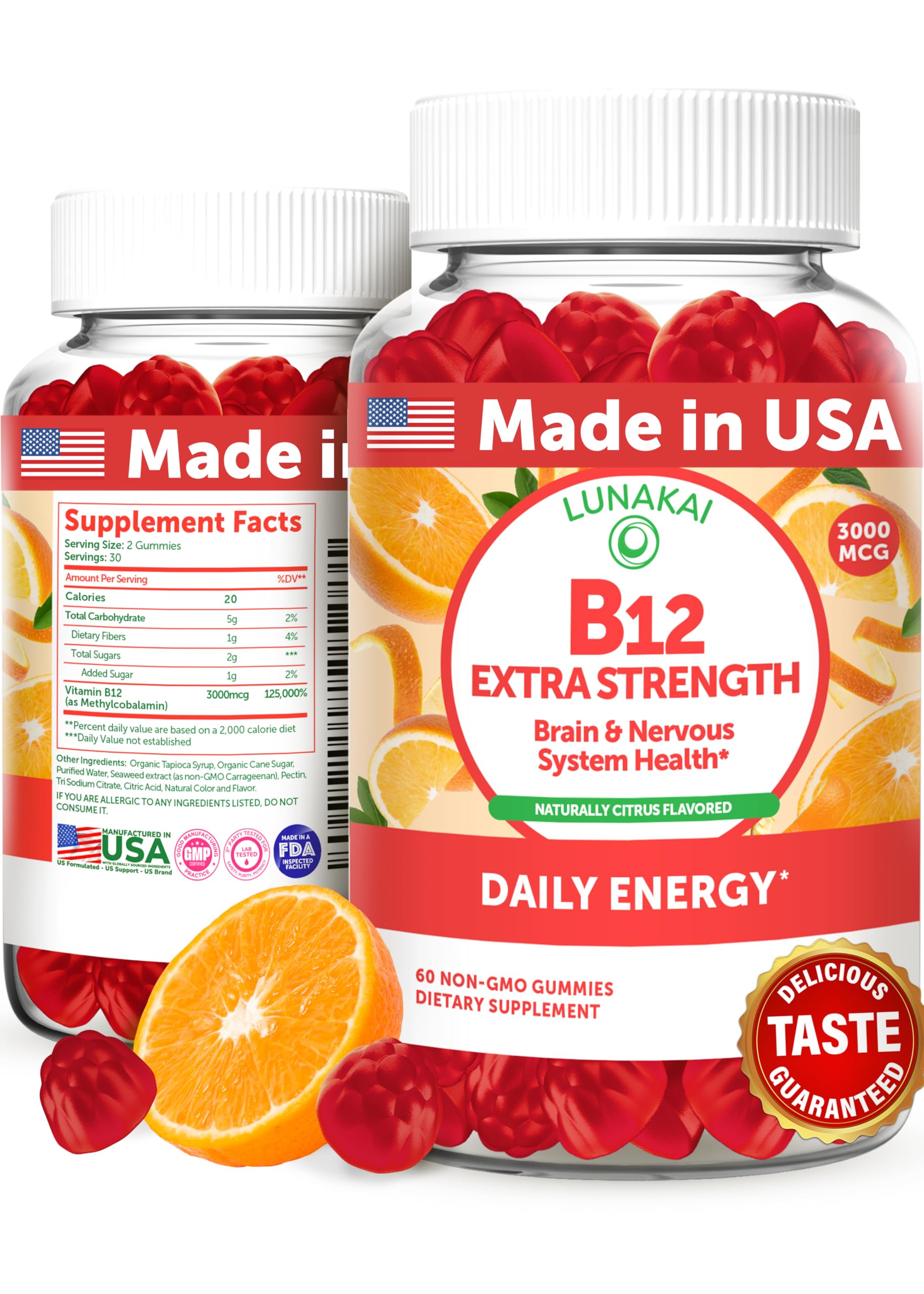 Front view of Lunakai Vitamin B12 Gummies 3000mcg bottle