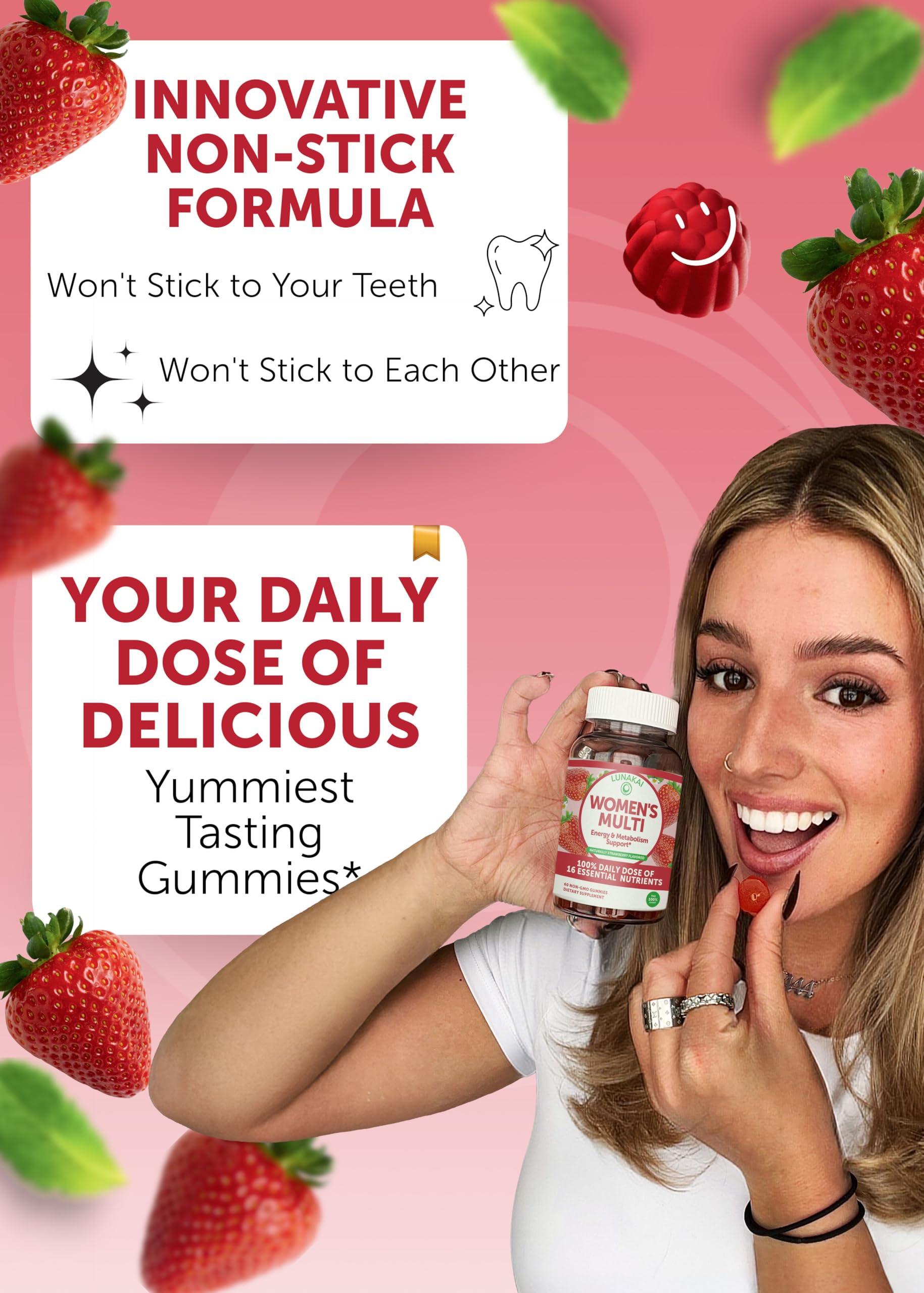 Bottle label highlighting 16 essential vitamins and minerals
