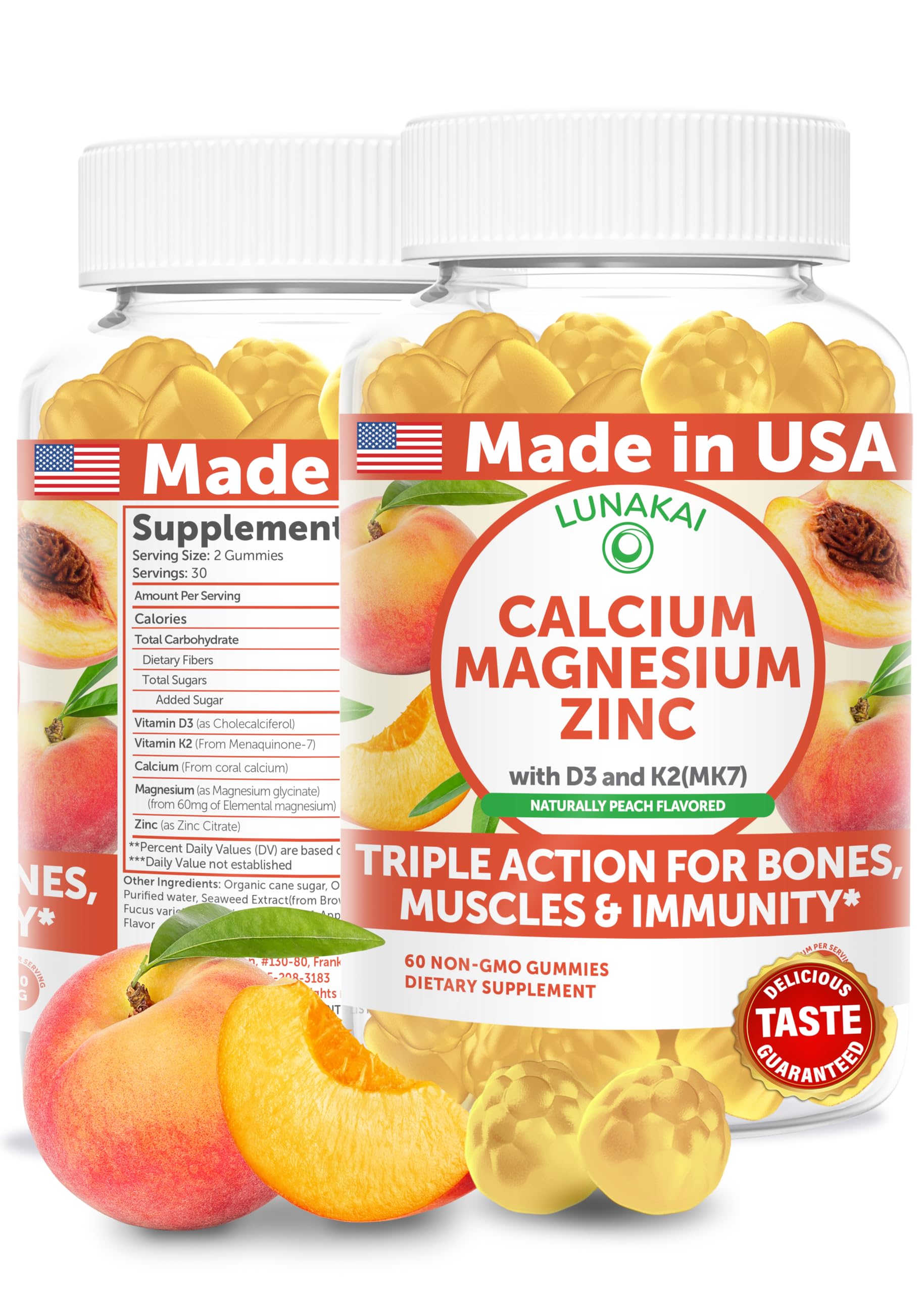 Lunakai calcium gummies bottle with 60 peach-flavored gummies – front view