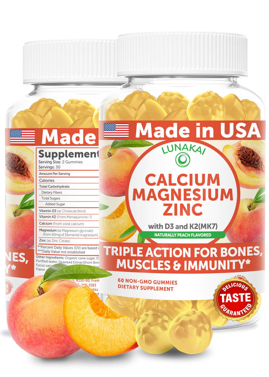 Lunakai calcium gummies bottle with 60 peach-flavored gummies – front view