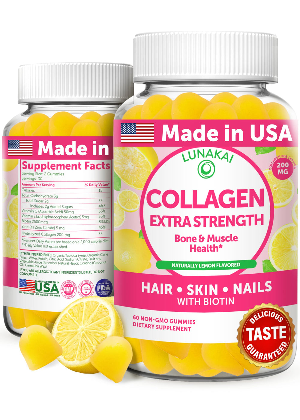 Front view of Lunakai Collagen Gummies bottle and label