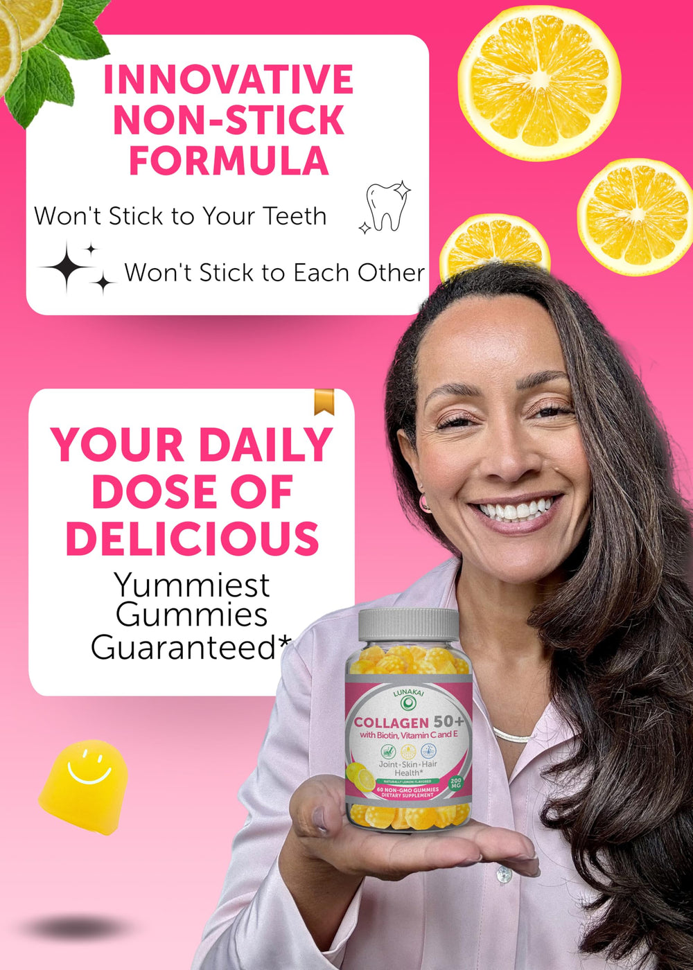 Close-up of Lunakai lemon-flavored collagen gummies