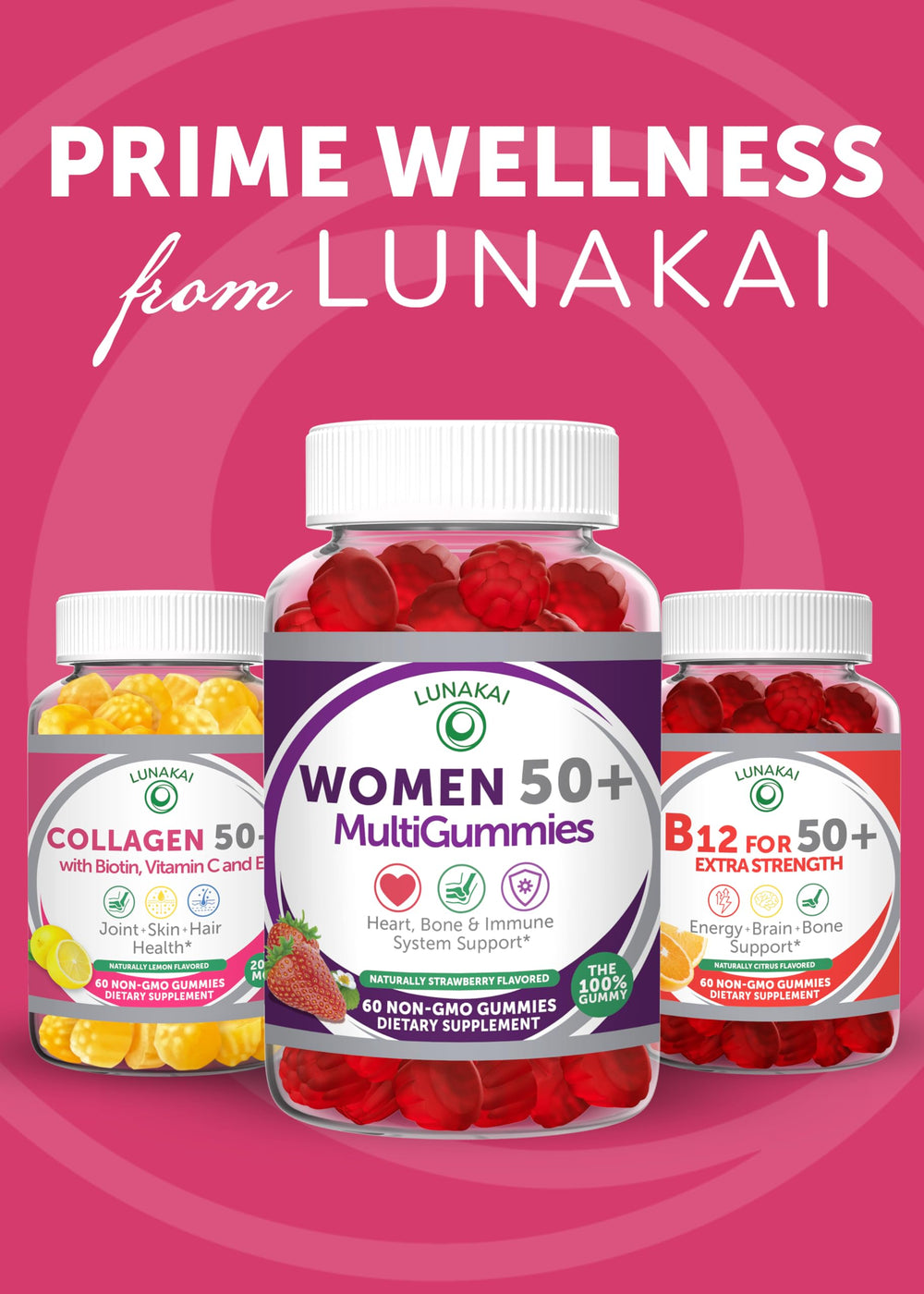 Packaging display featuring Lunakai collagen gummies