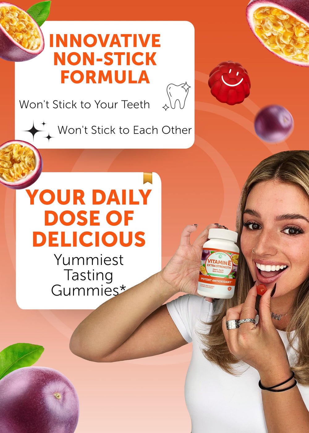Close-up of Lunakai collagen and vitamin E gummies