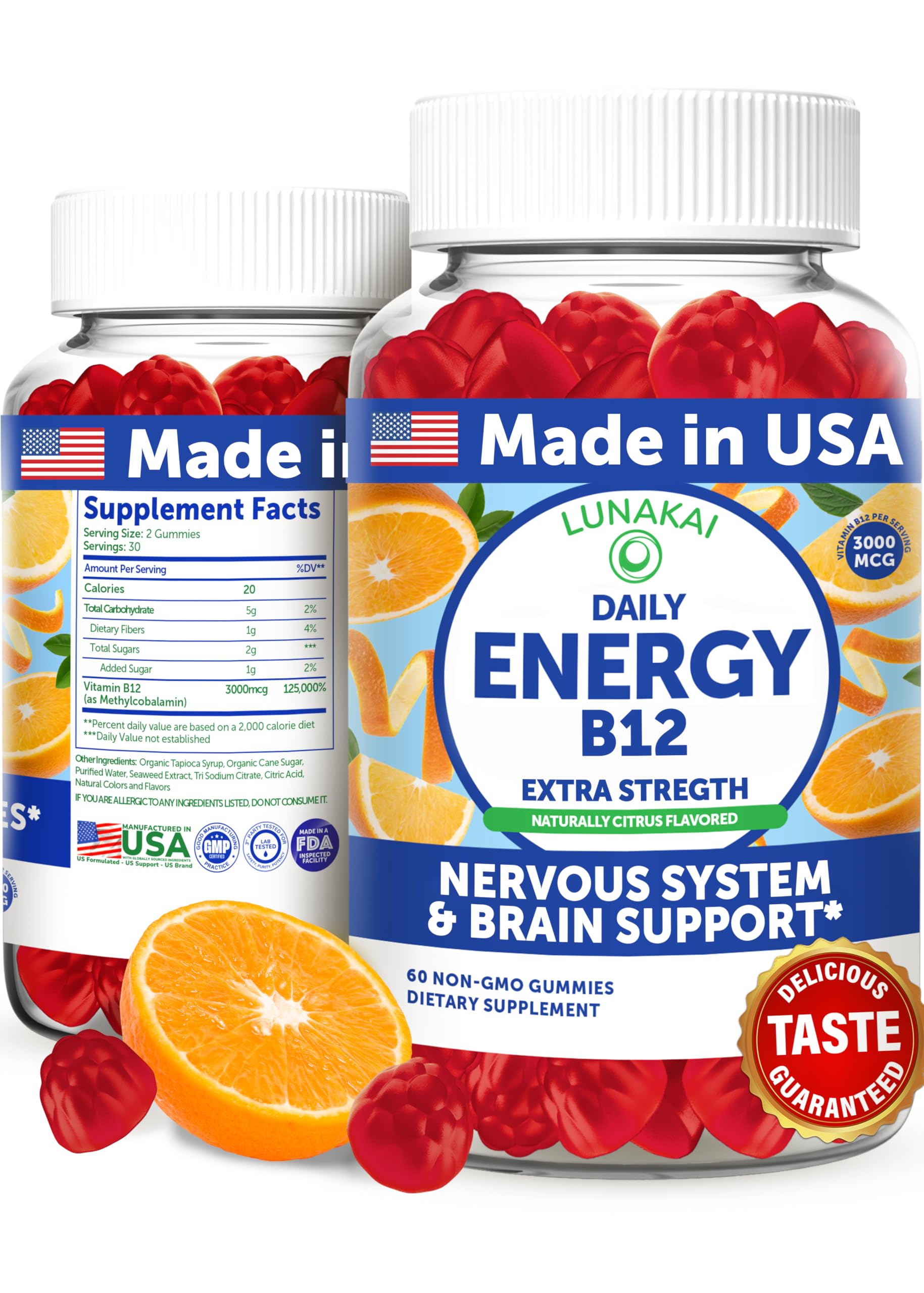 Lunakai Energy Gummies box and bottle — USA made vegan B12 energy supplement
