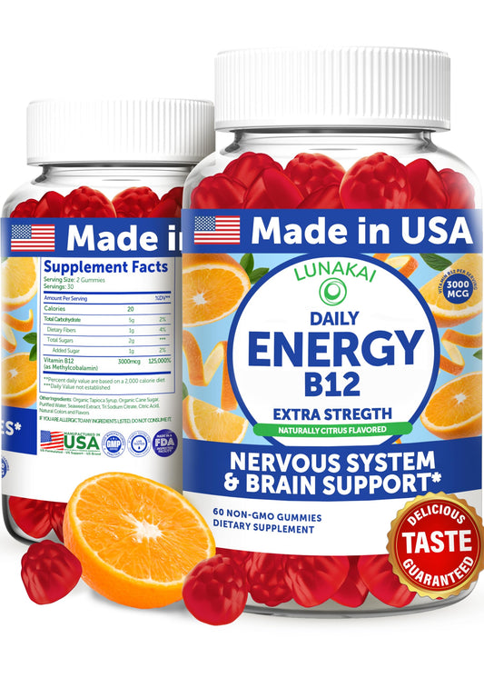 Lunakai Energy Gummies box and bottle — USA made vegan B12 energy supplement