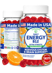 Lunakai Energy Gummies box and bottle — USA made vegan B12 energy supplement