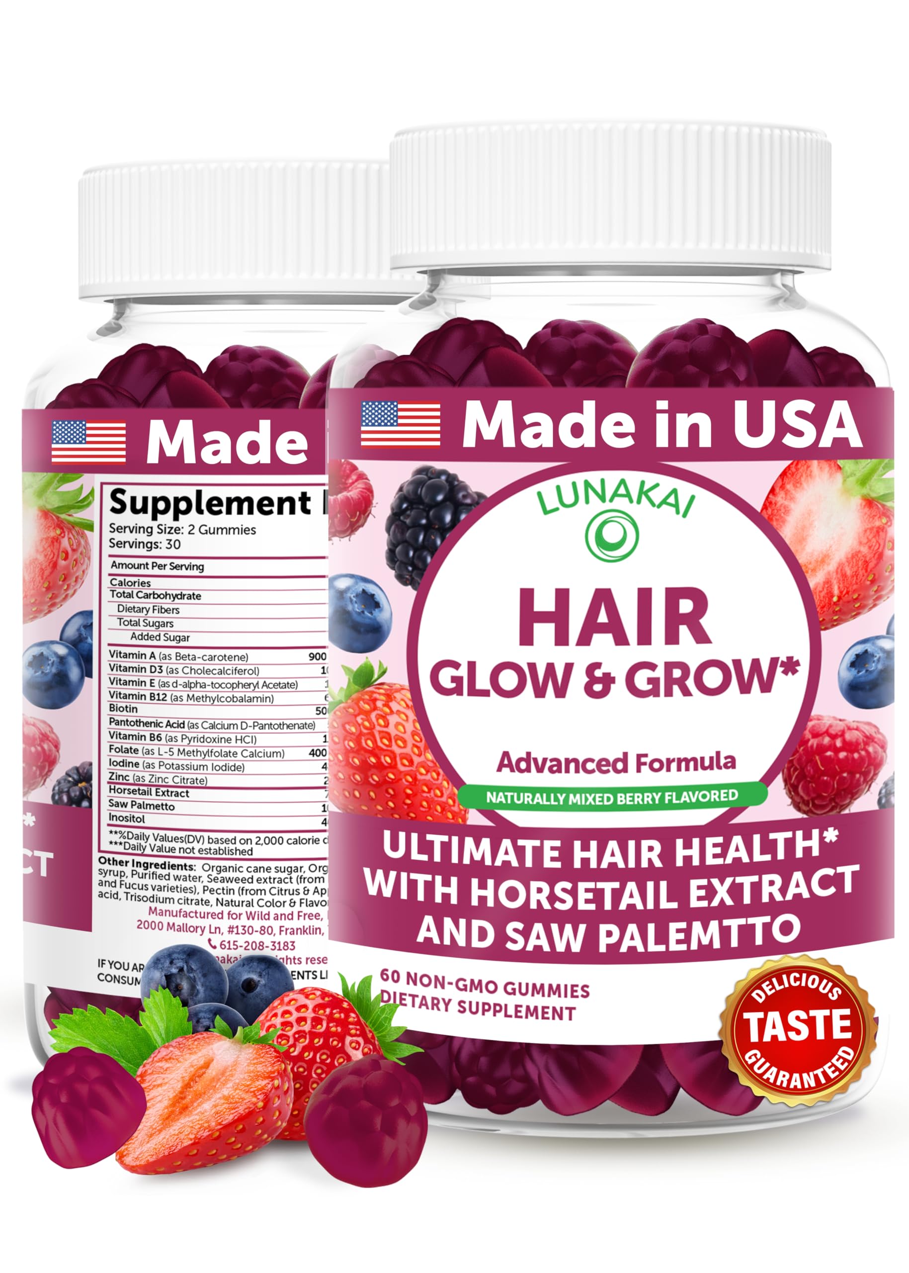 Lunakai hair gummies bottle featuring Biotin, Zinc, Horsetail and Saw Palmetto ingredients