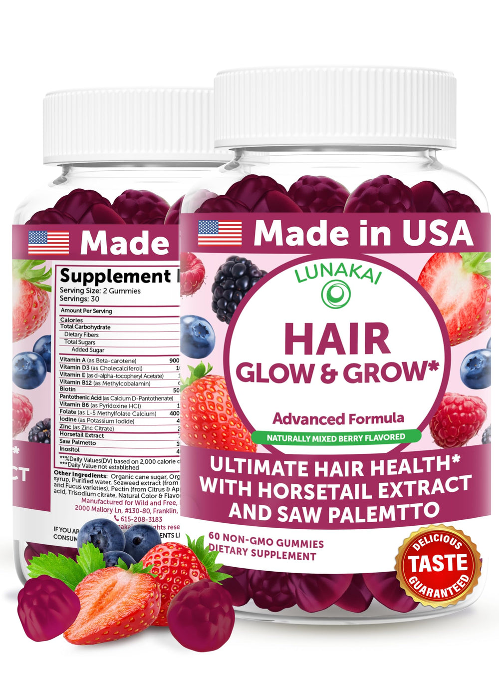 Lunakai hair gummies bottle featuring Biotin, Zinc, Horsetail and Saw Palmetto ingredients