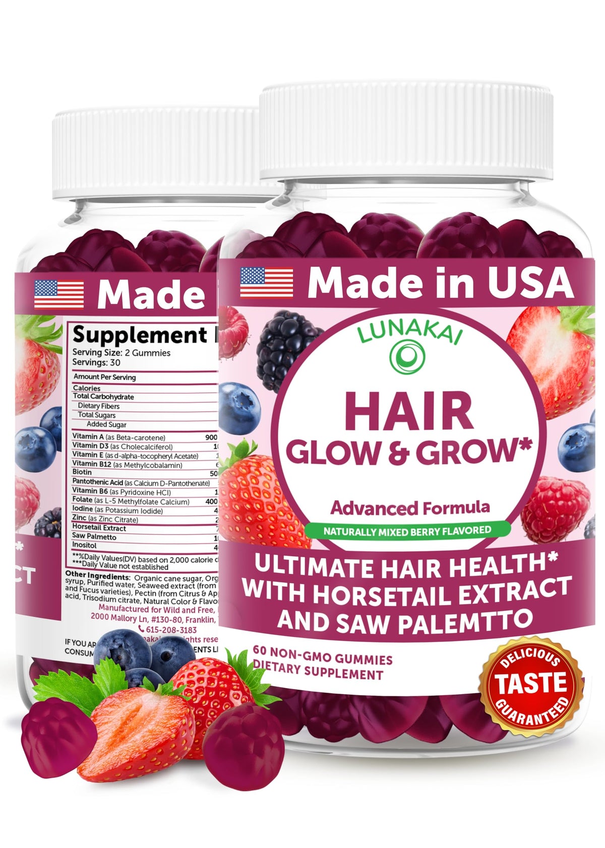 Lunakai hair gummies bottle featuring Biotin, Zinc, Horsetail and Saw Palmetto ingredients