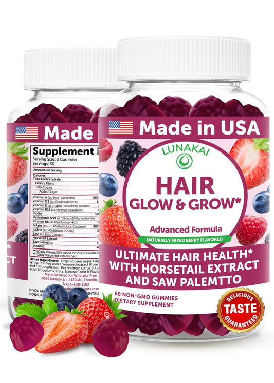 Lunakai hair gummies bottle featuring Biotin, Zinc, Horsetail and Saw Palmetto ingredients