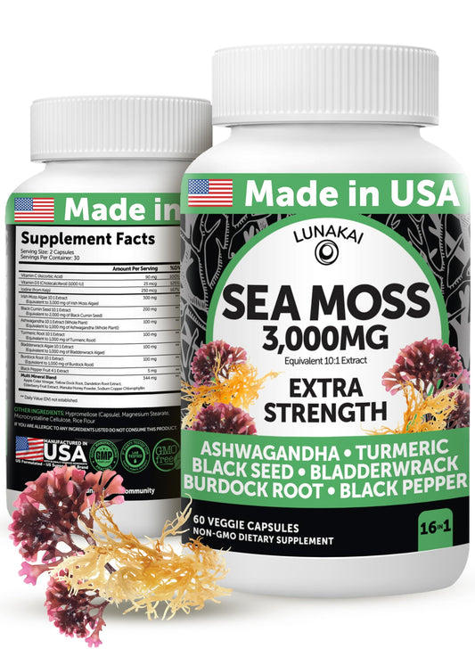 Lunakai USA Made Irish Sea Moss Capsules with Black Seed Oil, Ashwagandha, Burdock Root & Bladderwrack – 60 count
