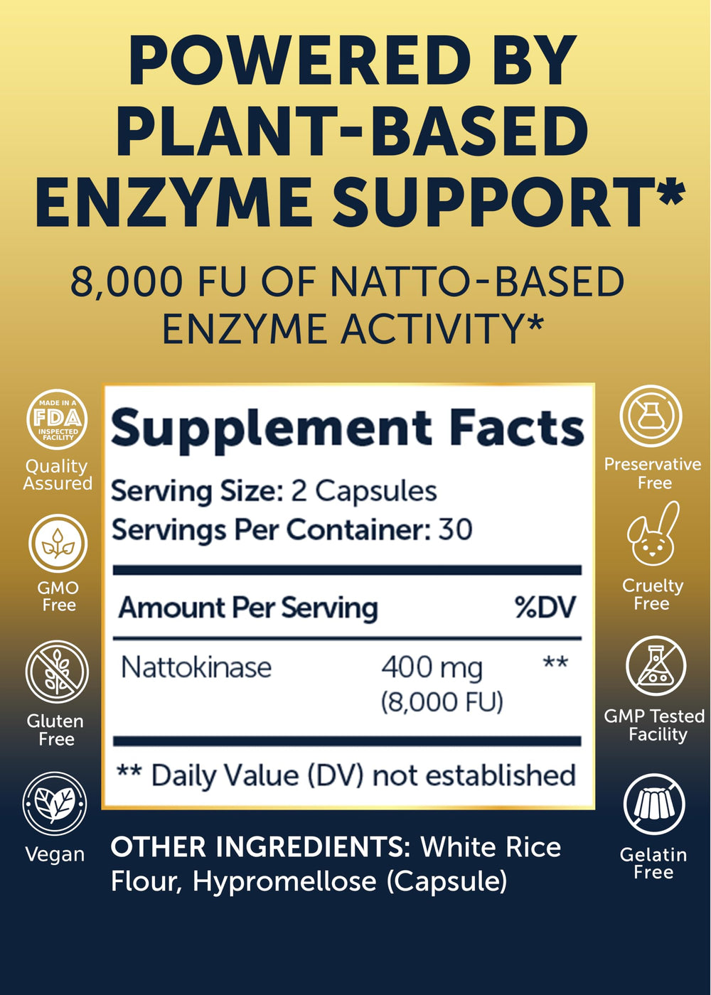 Ingredients: nattokinase enzyme derived from fermented natto