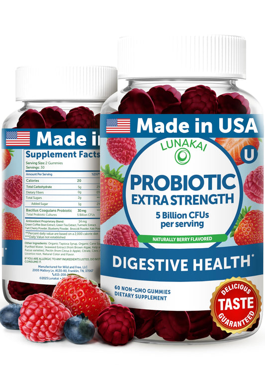 Lunakai probiotic gummies bottle on white background