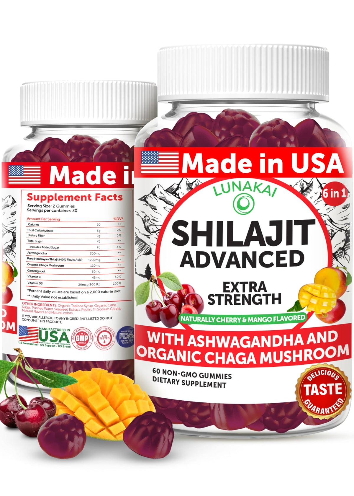 Lunakai Shilajit Gummies 1200mg with Ashwagandha and Chaga – 60 count bottle