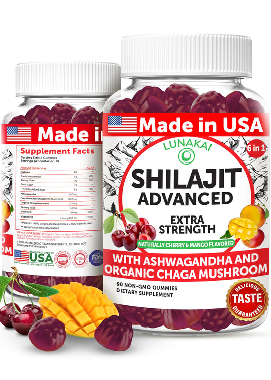 Lunakai Shilajit Gummies 1200mg with Ashwagandha and Chaga – 60 count bottle