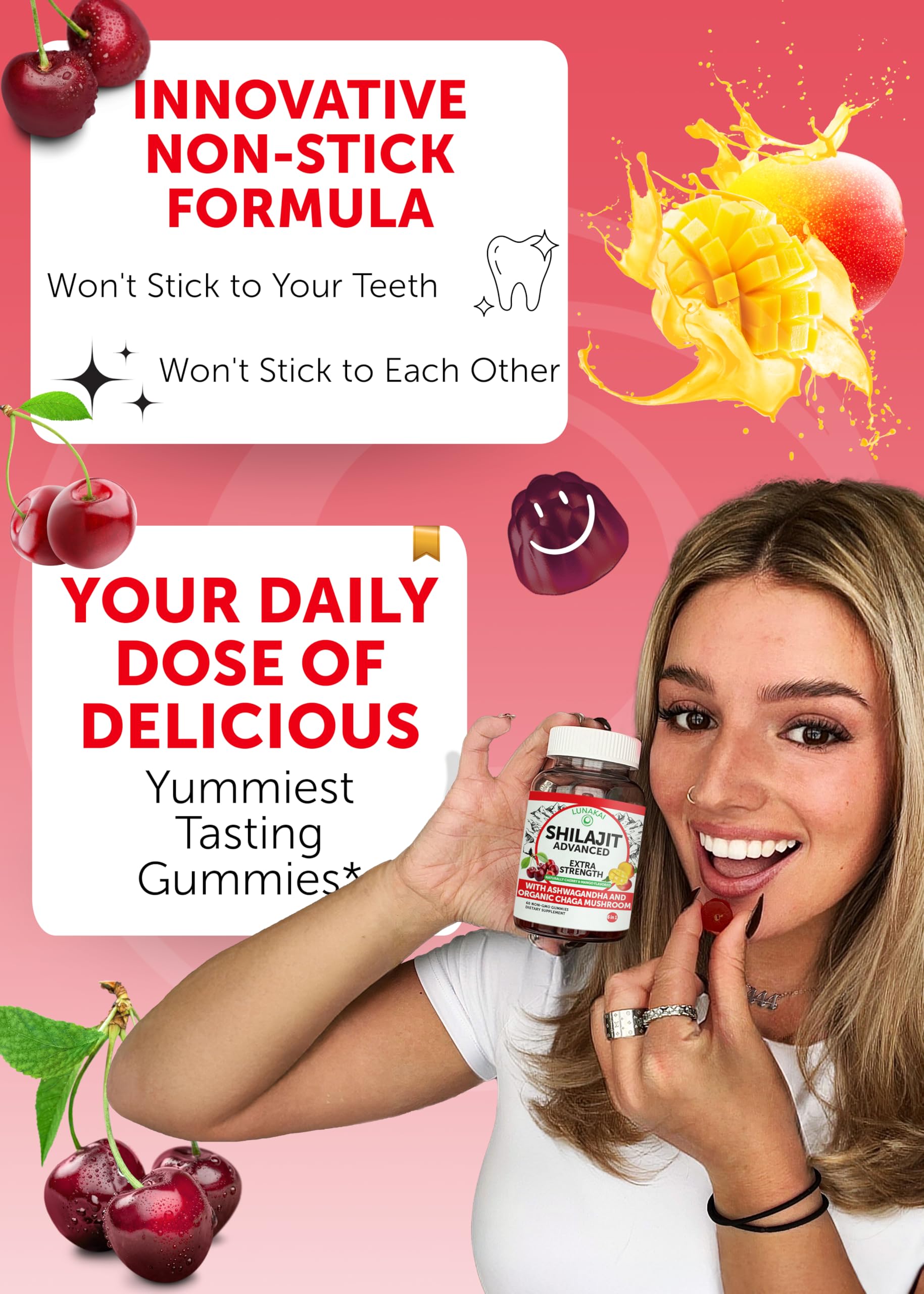Cherry and mango flavored Lunakai Shilajit Gummies banner