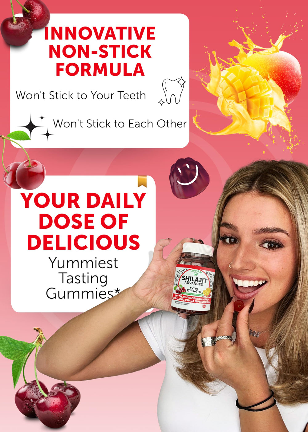 Cherry and mango flavored Lunakai Shilajit Gummies banner