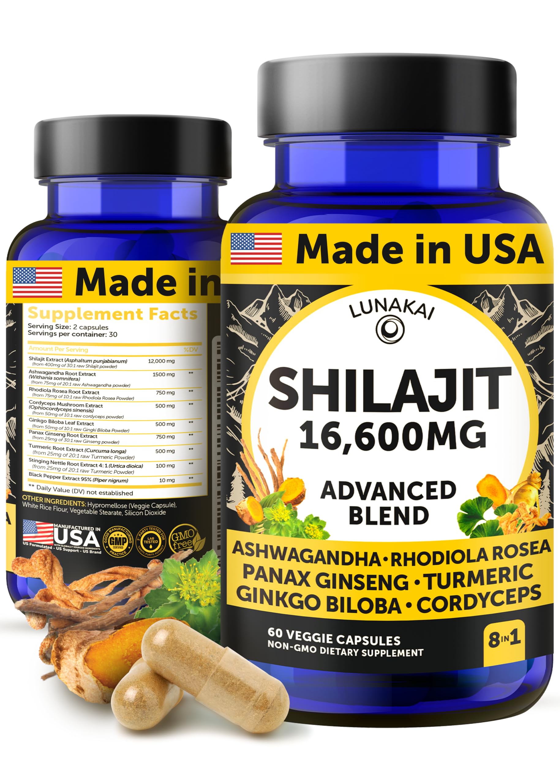 Lunakai Shilajit capsules USA-made 60-count front view