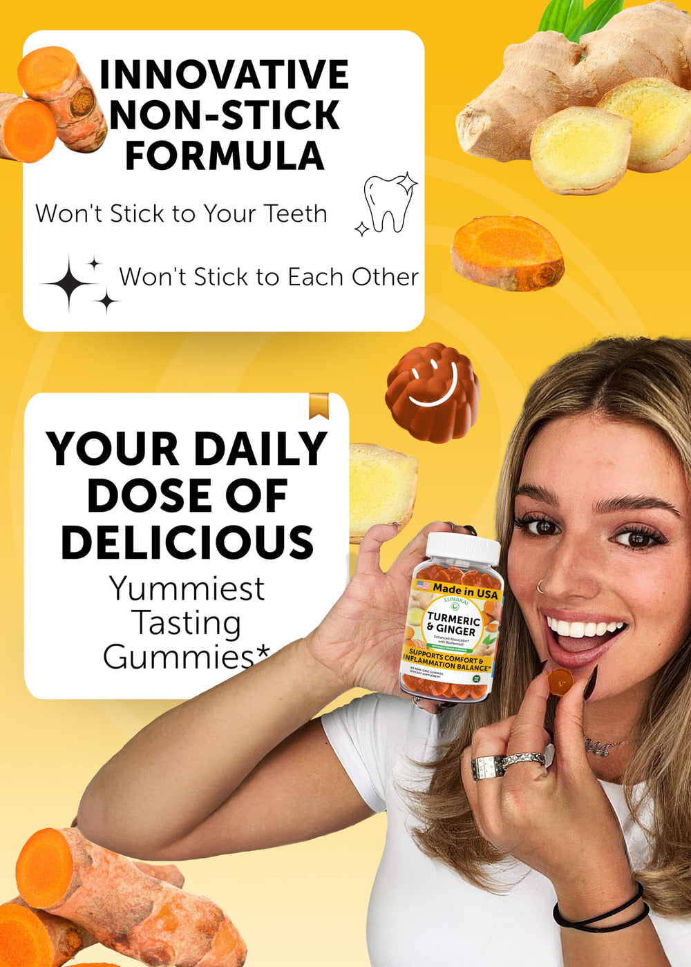 USA-made Lunakai turmeric and ginger gummies bottle
