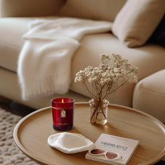 LunaLoved red glass vessel enhances elegant home ambience and mood.
