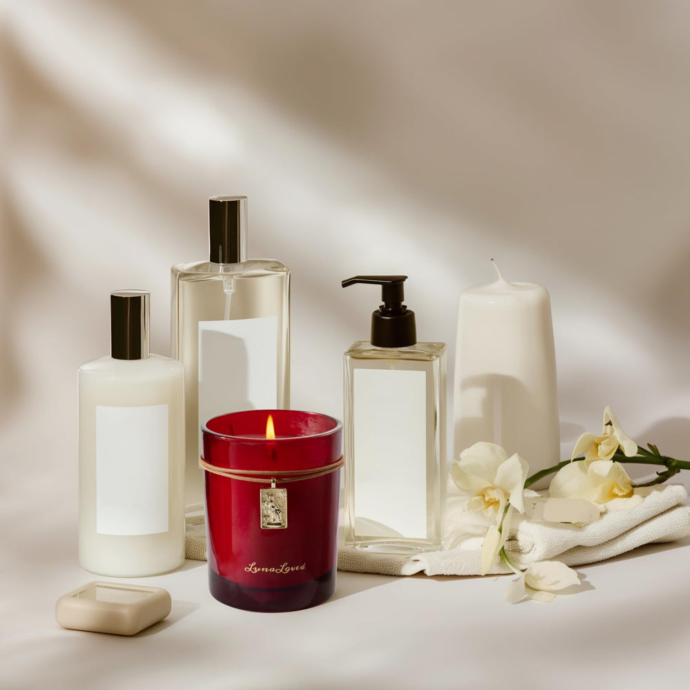 LunaLoved saffron-clove-raspberry top-note candle hints at vibrant fragrance.