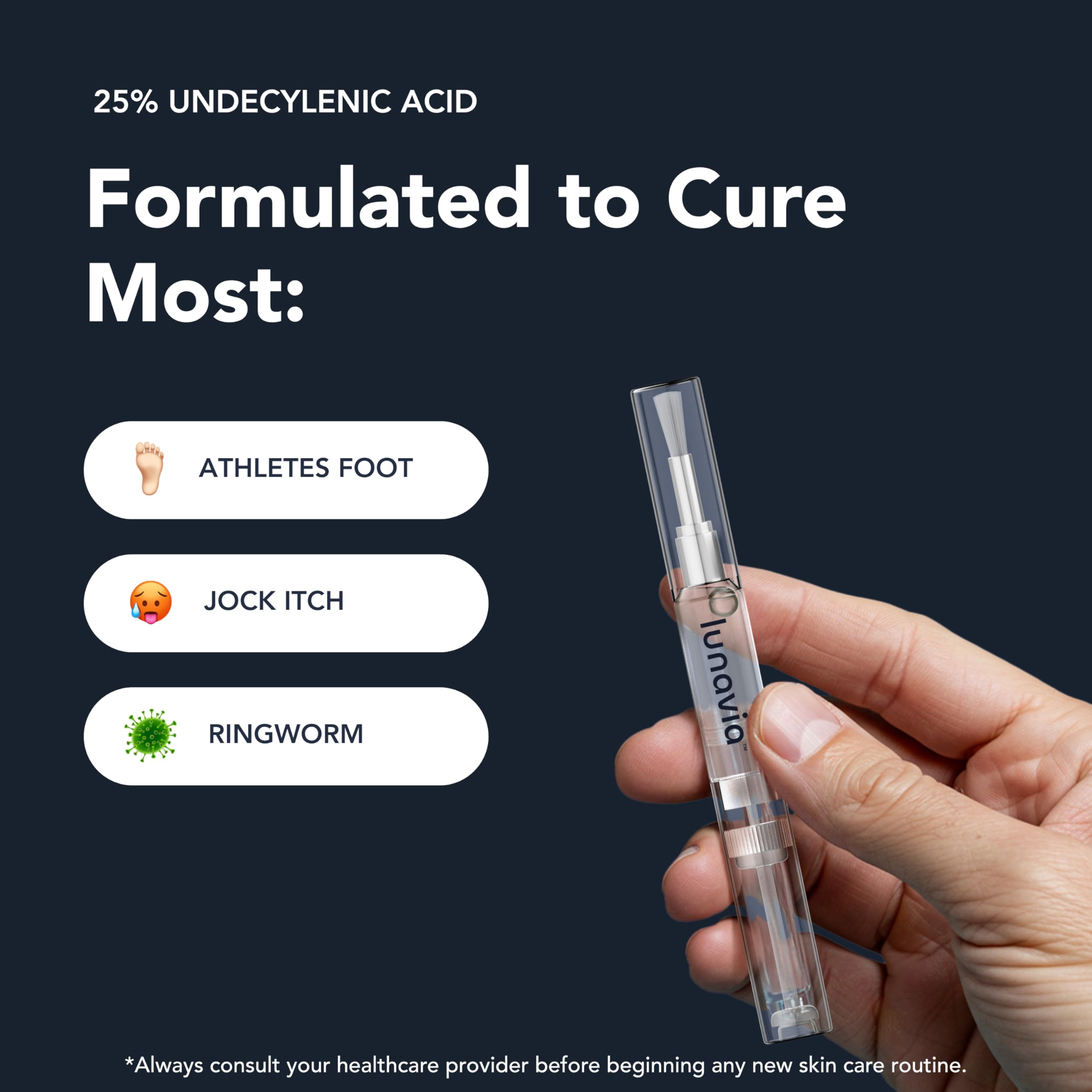 Lunavia Antifungal Pen packaging closeup shows compact, portable design for on-the-go relief.