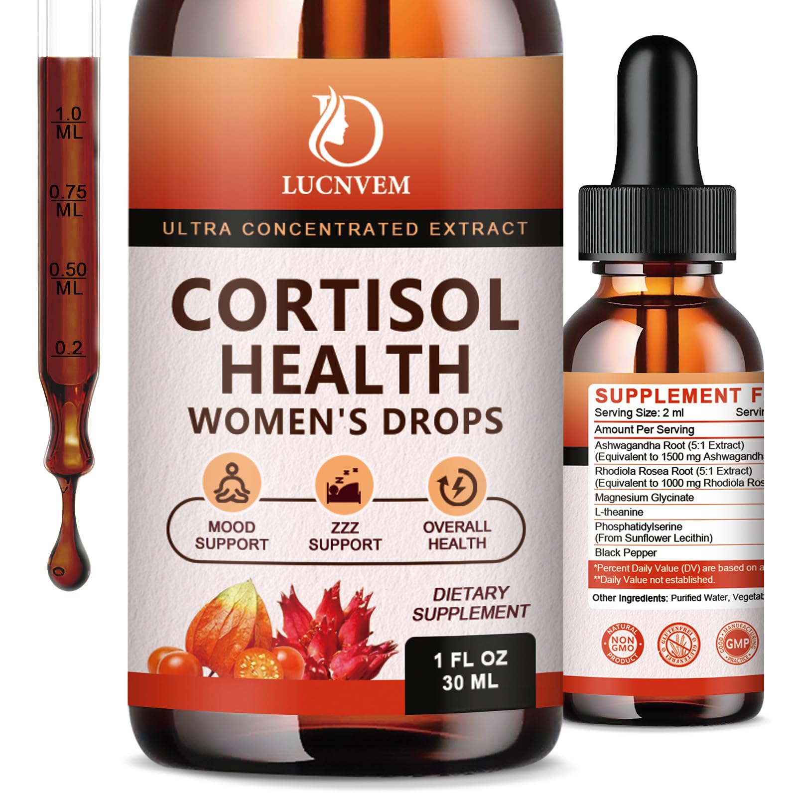 Bottle of LUCNVEM Cortisol Drops for Women
