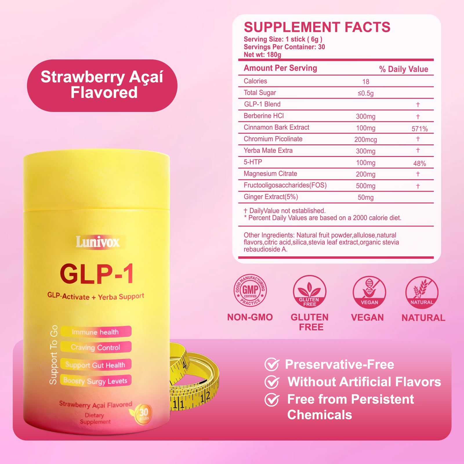 Back panel with nutritional information for Lunivox GLP-1 Drink Mix