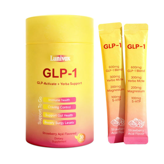 Front of Lunivox GLP-1 Drink Mix packaging in Strawberry Açaí flavor