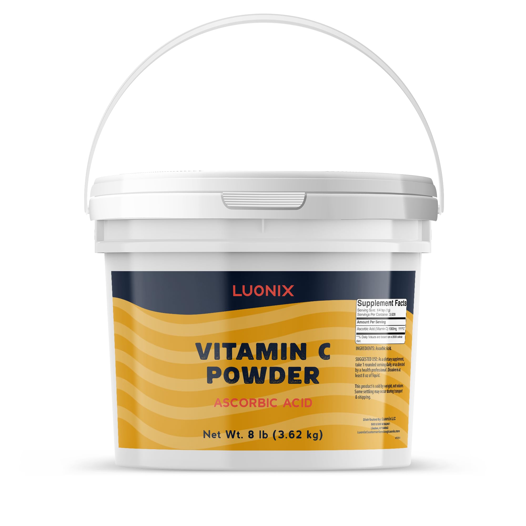 Luonix Vitamin C Powder in a full bucket for bulk storage and easy access