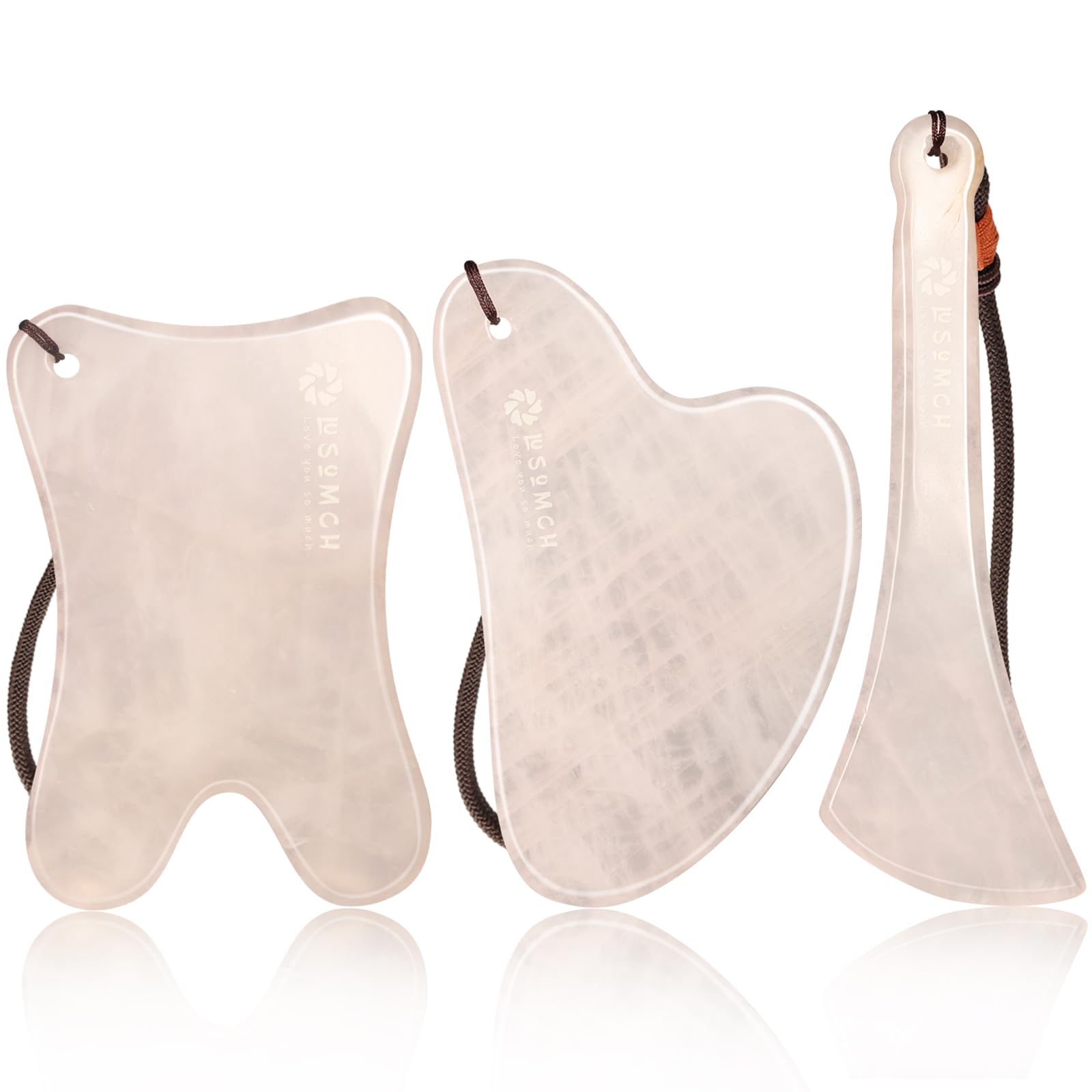 Lusomch Gua Sha 3-piece pink jade set – all tools side by side