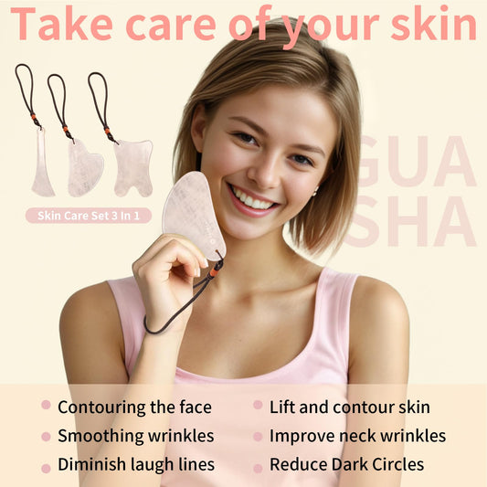Three-shape pink jade Gua Sha tools for face and body