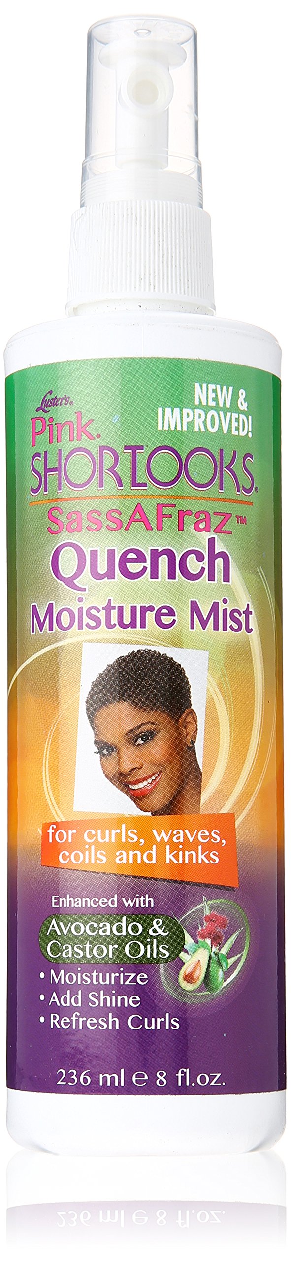 Luster's ShortLooks SassAFraz Quench Moisture Mist bottle for lightweight hydration and frizz control.