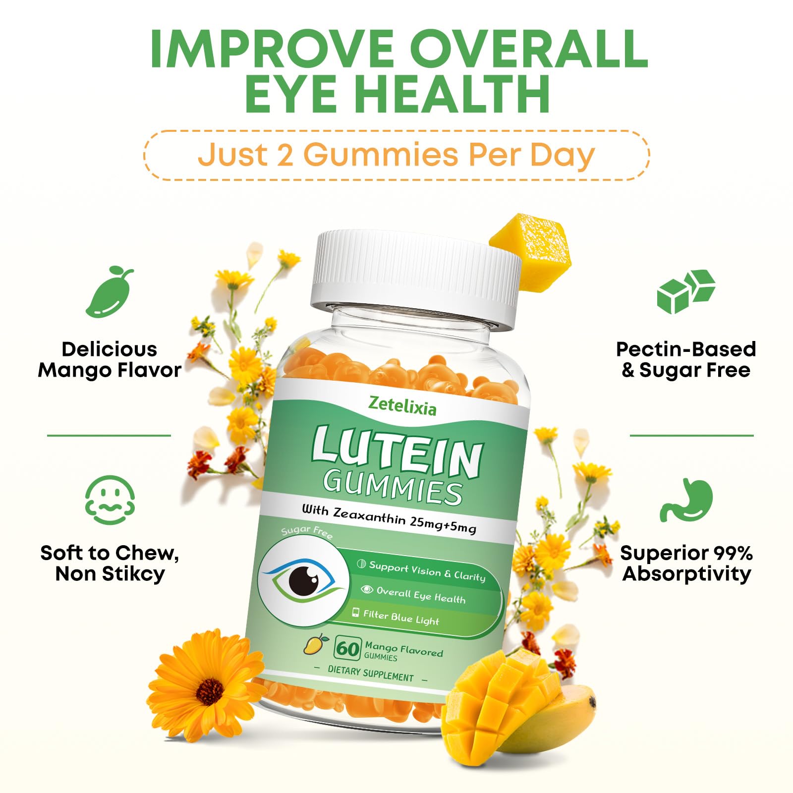 Close-up of mango-flavored lutein gummies