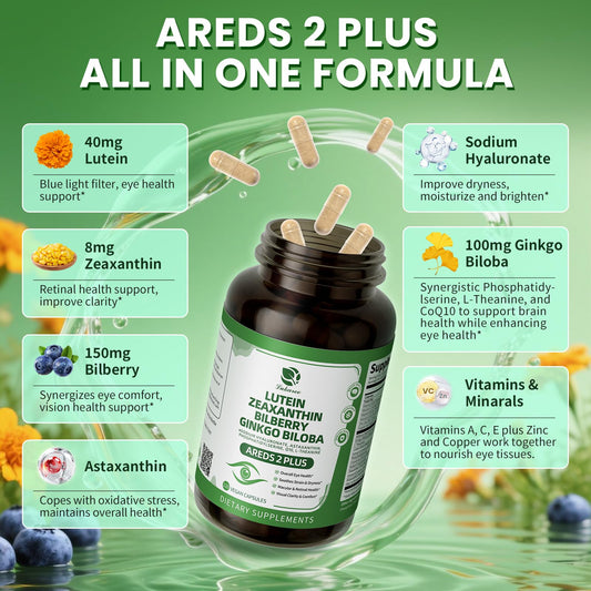Close-up of key ingredients: lutein, zeaxanthin, bilberry extract and astaxanthin