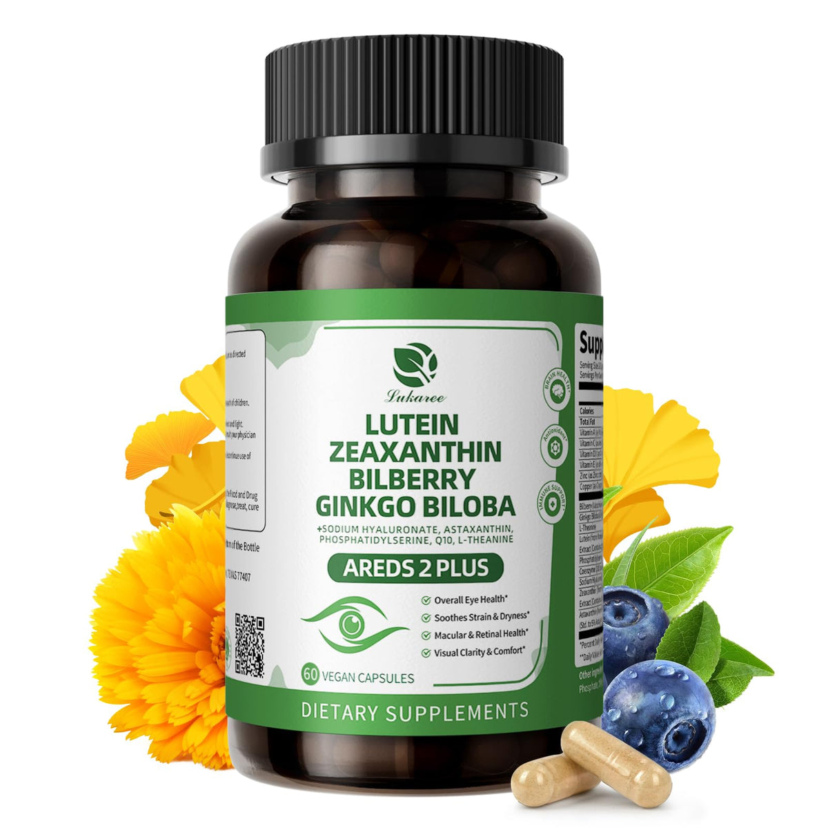Bottle of Lutein & Zeaxanthin AREDS 2 eye vitamins with 60 capsules